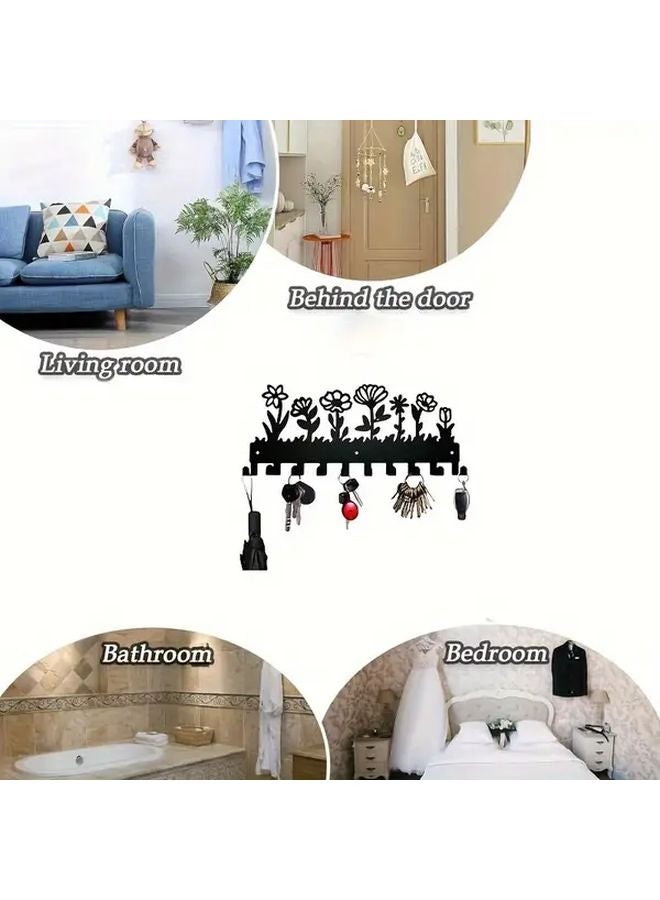 Black Metal Flower Shaped Hangers 10 Hooks For Clothes Jackets Keys Storage - Image 5