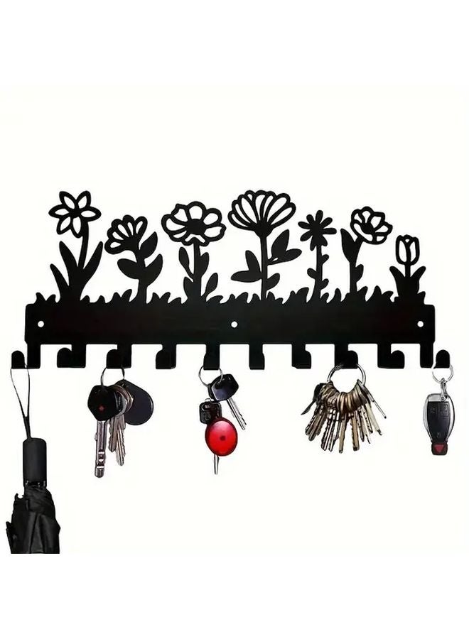 Black Metal Flower Shaped Hangers 10 Hooks For Clothes Jackets Keys Storage - Image 1