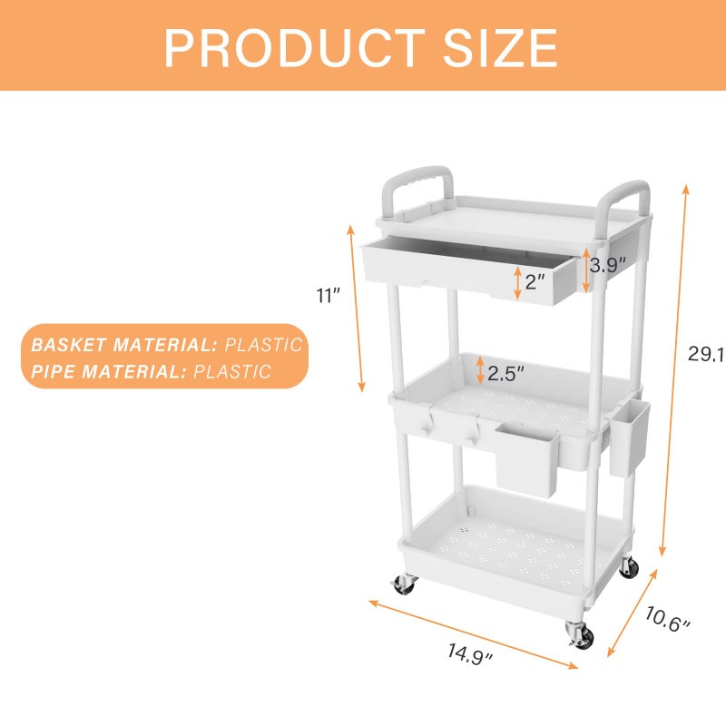 REBECAT 3 Tier Rolling Utility Cart with Drawer,REBECAT Utility Cart Made of Multifunctional Storage Organizer Tool for Kitchen,Bathroom,Living Room,Office(White) - Image 5