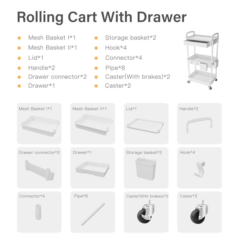 REBECAT 3 Tier Rolling Utility Cart with Drawer,REBECAT Utility Cart Made of Multifunctional Storage Organizer Tool for Kitchen,Bathroom,Living Room,Office(White) - Image 4