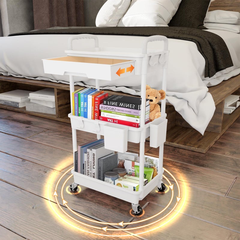 REBECAT 3 Tier Rolling Utility Cart with Drawer,REBECAT Utility Cart Made of Multifunctional Storage Organizer Tool for Kitchen,Bathroom,Living Room,Office(White) - Image 3