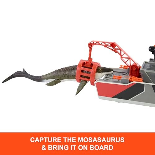 MATCHBOX Mattel Matchbox Toy Car Playset, Jurassic World 12.5” Dino Boat with 13” Mosasaurus Dinosaur, 1:64 Die-Cast Jeep, Harpoon Missiles & Detachable Rescue Boat - Image 4
