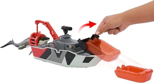 MATCHBOX Mattel Matchbox Toy Car Playset, Jurassic World 12.5” Dino Boat with 13” Mosasaurus Dinosaur, 1:64 Die-Cast Jeep, Harpoon Missiles & Detachable Rescue Boat - Image 5