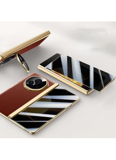 Compatible with Honor Magic V3 Electroplated Frame Magnetic Hinge Protection Grain Leather Case with Lens Holder Privacy Screen Protector for Magic V3