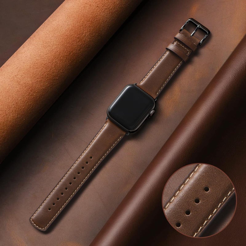 SUNFWR Leather Bands Compatible with Apple Watch Band 42mm(Series 3 2 1) 44mm 45mm 46mm 49mm for Men Women, Top Grain Genuine Leather Replacement Strap for iWatch Ultra 3 2 1, SE3 2 1, Series 11 10 9 8 7 6 5 4 3 2 1 - Image 2