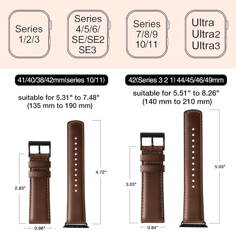 SUNFWR Leather Bands Compatible with Apple Watch Band 42mm(Series 3 2 1) 44mm 45mm 46mm 49mm for Men Women, Top Grain Genuine Leather Replacement Strap for iWatch Ultra 3 2 1, SE3 2 1, Series 11 10 9 8 7 6 5 4 3 2 1 - Image 5