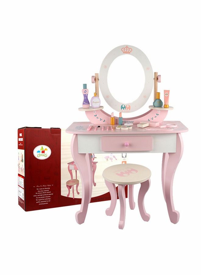 JSAITOYS Wooden Toy Pink Dressing Table Toy Wood Dressing Mirror Toys For Kids - Image 1