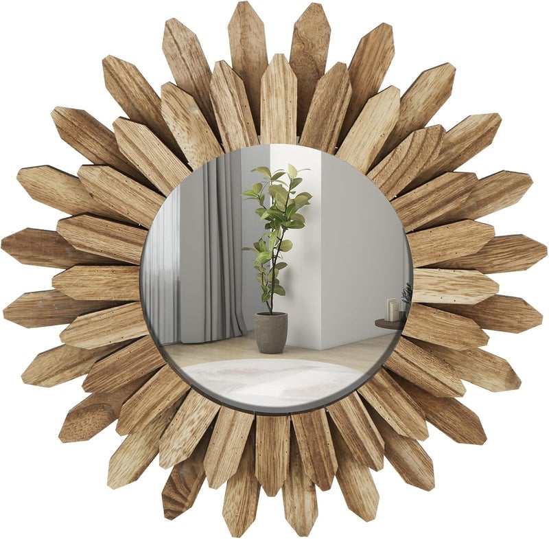 windforgecraft Wall Mirror Rustic Wood Sunburst Boho Mirror Wall Decor Farmhouse Wall Decor Circle Mirrors Decorative Mirrors Vintage Wall Decorations for Living Room for Bedroom Living Room Entryway - Image 1
