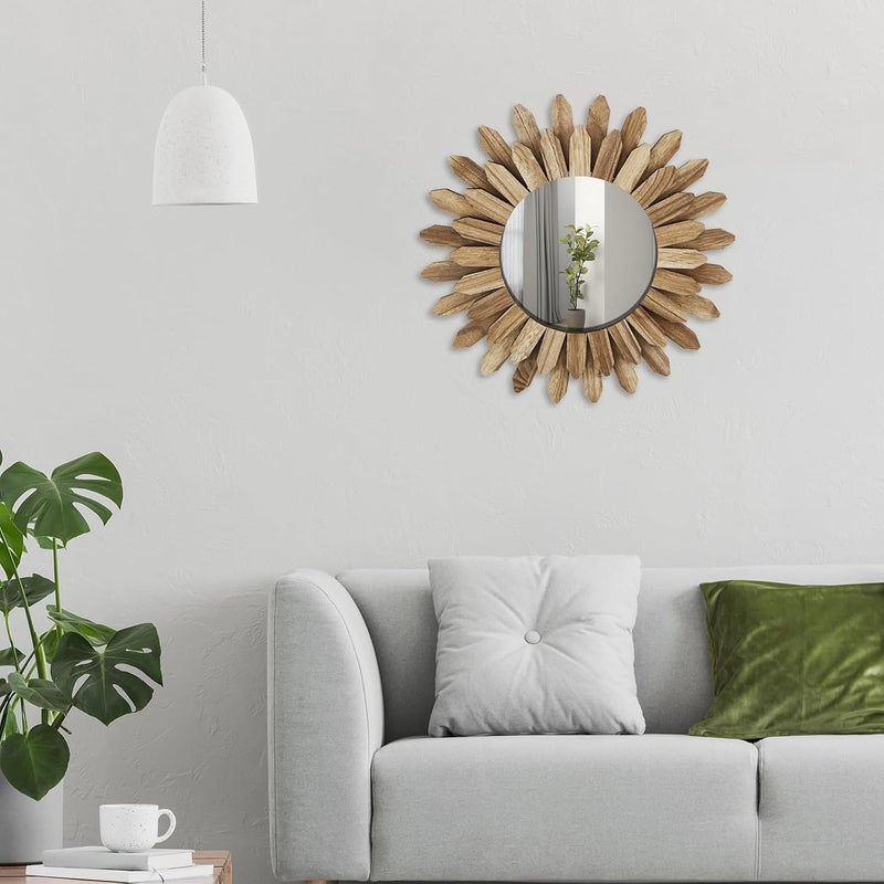 windforgecraft Wall Mirror Rustic Wood Sunburst Boho Mirror Wall Decor Farmhouse Wall Decor Circle Mirrors Decorative Mirrors Vintage Wall Decorations for Living Room for Bedroom Living Room Entryway - Image 3
