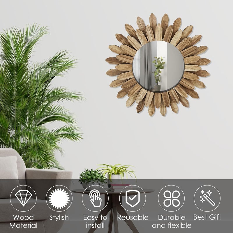 windforgecraft Wall Mirror Rustic Wood Sunburst Boho Mirror Wall Decor Farmhouse Wall Decor Circle Mirrors Decorative Mirrors Vintage Wall Decorations for Living Room for Bedroom Living Room Entryway - Image 2