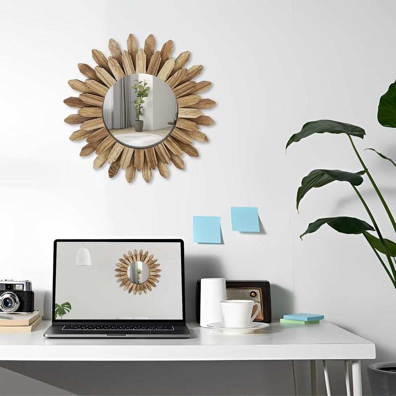 windforgecraft Wall Mirror Rustic Wood Sunburst Boho Mirror Wall Decor Farmhouse Wall Decor Circle Mirrors Decorative Mirrors Vintage Wall Decorations for Living Room for Bedroom Living Room Entryway - Image 4