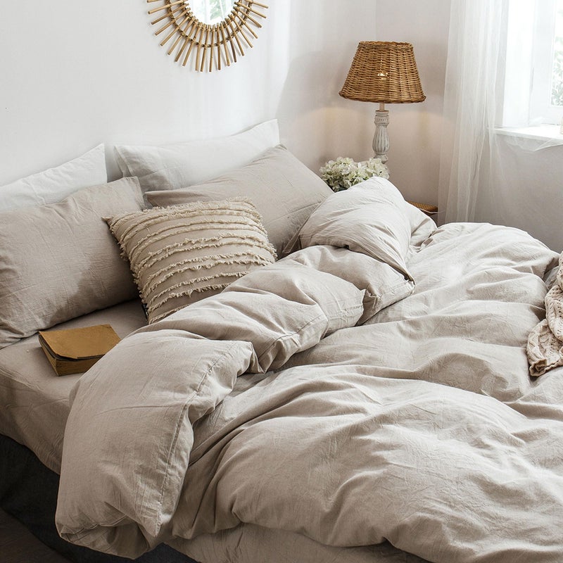 MooMee Bedding Duvet Cover Set 100% Washed Cotton Linen Like Textured Breathable Durable Soft Comfy (Tannish Linen Grey, Queen) - Image 5