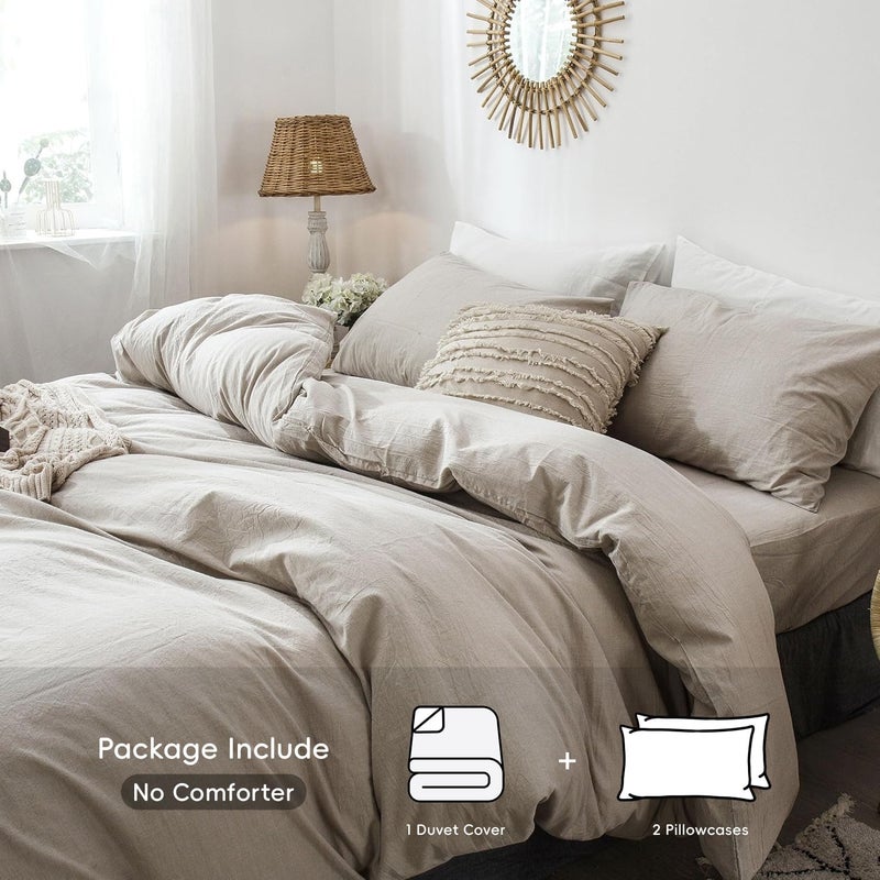 MooMee Bedding Duvet Cover Set 100% Washed Cotton Linen Like Textured Breathable Durable Soft Comfy (Tannish Linen Grey, Queen) - Image 2