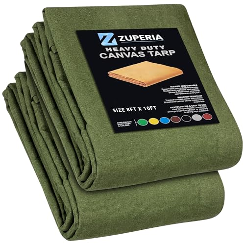 Zuperia Heavy Duty Canvas Tarp (8' x 10' ft - Pack of 2) with Rustproof Grommets, UV Resistant & Tear Resistant Multipurpose Tarpaulin Cover for Outdoor, Industrial & Commercial Use (Olive Green) - Image 1