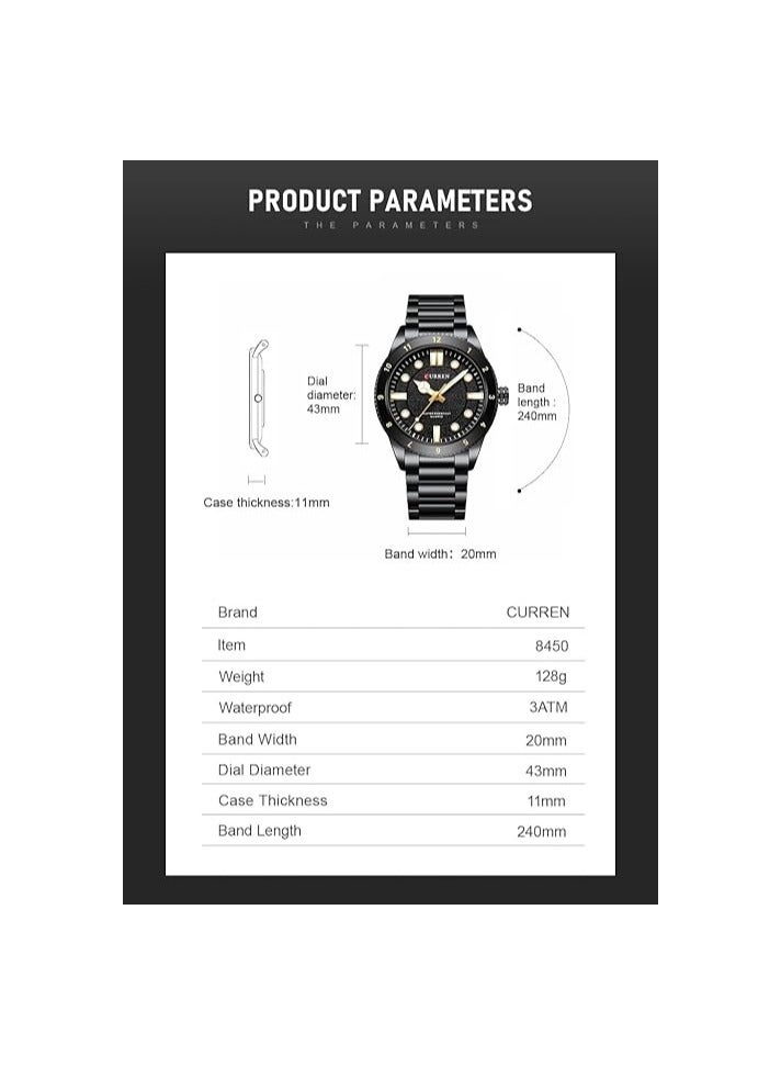 CURREN 8450 Top Luxury Brand Original Men's Quartz Watch Fashion Steel Strap Casual 30M Waterproof - Image 3