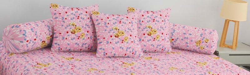 SHOMES Pure Soft Cotton Printed Diwan Set Covers 6 Pieces - 1 Single Bed Sheet (60 X 90) with 3 Cushion (16 X 16), 2 Bolster Covers (16 X 32) - (Pink, Medium) - Image 2