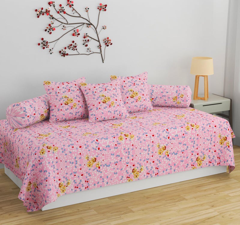SHOMES Pure Soft Cotton Printed Diwan Set Covers 6 Pieces - 1 Single Bed Sheet (60 X 90) with 3 Cushion (16 X 16), 2 Bolster Covers (16 X 32) - (Pink, Medium) - Image 5