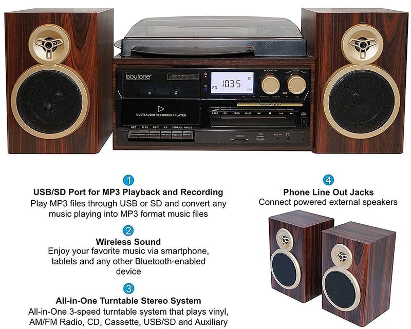 Boytone BT-28SPM, Bluetooth Classic Style Record Player Turntable with AM/FM Radio, CD / Cassette Player, 2 Separate Stereo Speakers - Image 3