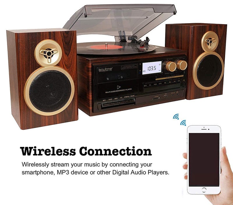 Boytone BT-28SPM, Bluetooth Classic Style Record Player Turntable with AM/FM Radio, CD / Cassette Player, 2 Separate Stereo Speakers - Image 2
