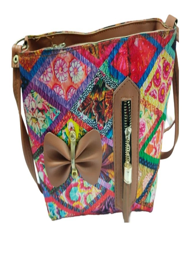 Handbag, Multicolour Patchwork Design, Brown Bow Accent, Zipper Closure