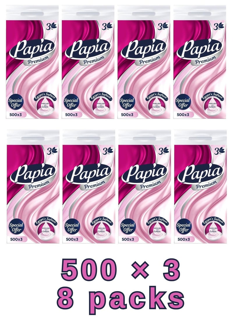 Papia Facial Tissues 500 Sheets Assorted Pack 3 Bundles 3 Ply × 8 Pcs| Soft & Strong High Absorbency Tissues | Daily Use for Home, Office & Car | Premium Quality & Practical Hygiene - Image 1