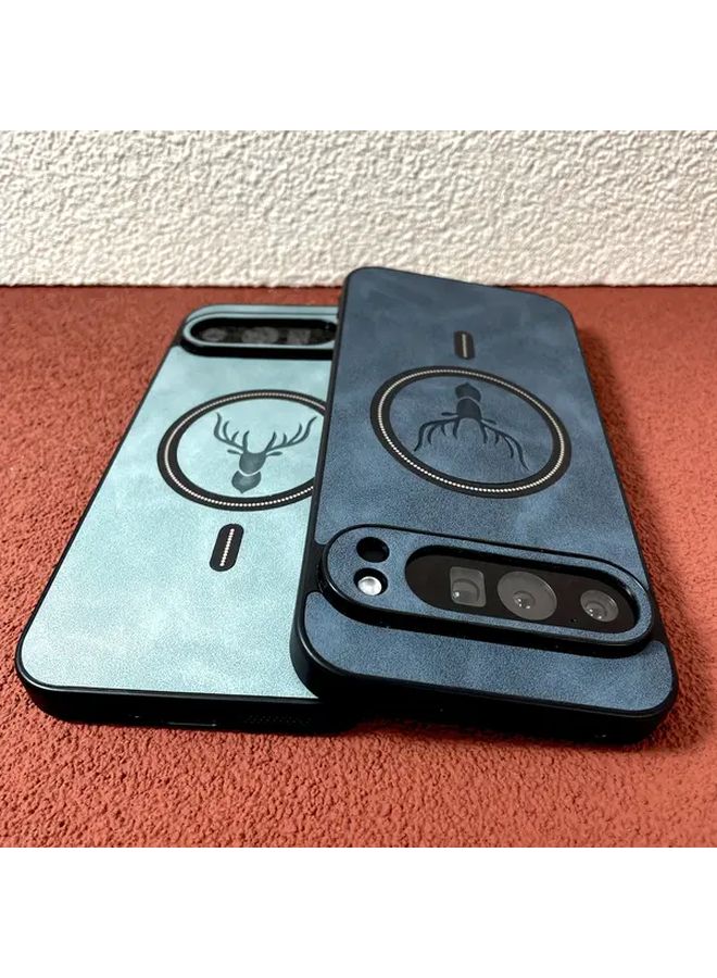 Light Blue Faux Leather Deer Head Phone Case For Google Pixel 7 Anti Fingerprint Wireless Charging Protection - Image 2