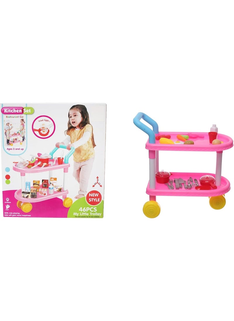 مجموعة عربة مطبخ وردية اللون، مكونة من 46 قطعة، مناسبة للأطفال من سن 3 سنوات فما فوق - عربة مطعم تظاهرية مع أدوات وطعام - Image 1