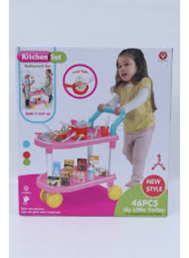 مجموعة عربة مطبخ وردية اللون، مكونة من 46 قطعة، مناسبة للأطفال من سن 3 سنوات فما فوق - عربة مطعم تظاهرية مع أدوات وطعام - Image 2