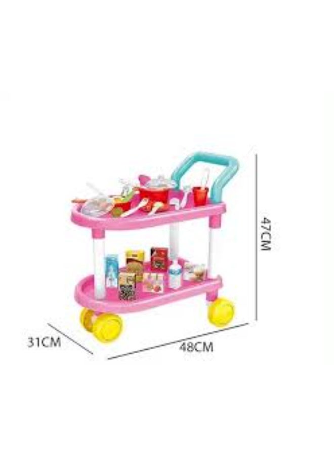 مجموعة عربة مطبخ وردية اللون، مكونة من 46 قطعة، مناسبة للأطفال من سن 3 سنوات فما فوق - عربة مطعم تظاهرية مع أدوات وطعام - Image 4