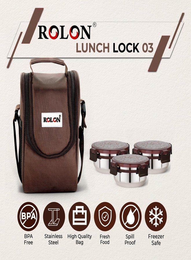 ROLON Lunch Lock 03 Brown Leak Resistance Design Portable and Durable Tiffin Box for Adults and Office Use 3 Round Stainless Steel Round Containers 300ml Each with Insulated Soft Pouch - Image 5