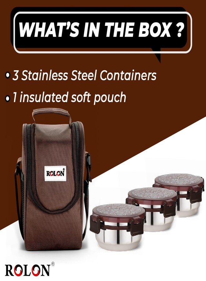 ROLON Lunch Lock 03 Brown Leak Resistance Design Portable and Durable Tiffin Box for Adults and Office Use 3 Round Stainless Steel Round Containers 300ml Each with Insulated Soft Pouch - Image 4