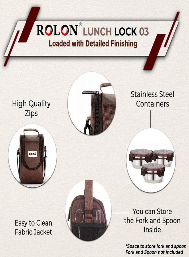 ROLON Lunch Lock 03 Brown Leak Resistance Design Portable and Durable Tiffin Box for Adults and Office Use 3 Round Stainless Steel Round Containers 300ml Each with Insulated Soft Pouch - Image 3