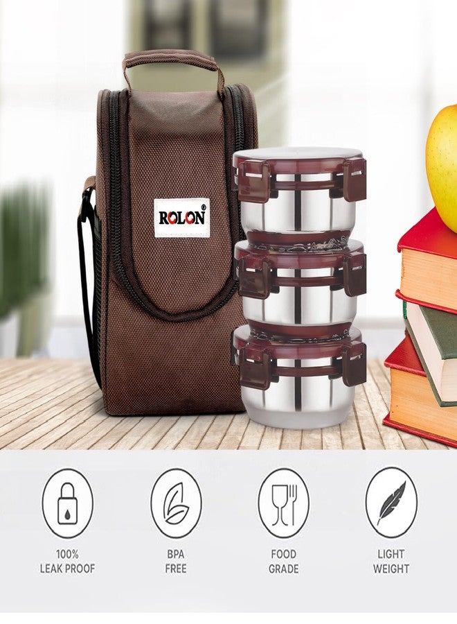 ROLON Lunch Lock 03 Brown Leak Resistance Design Portable and Durable Tiffin Box for Adults and Office Use 3 Round Stainless Steel Round Containers 300ml Each with Insulated Soft Pouch - Image 2