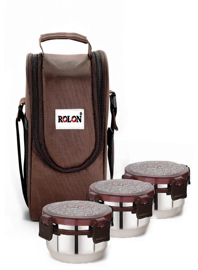 ROLON Lunch Lock 03 Brown Leak Resistance Design Portable and Durable Tiffin Box for Adults and Office Use 3 Round Stainless Steel Round Containers 300ml Each with Insulated Soft Pouch - Image 1