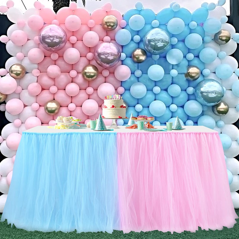 Gender Reveal Table Skirt for Baby Shower Gender Reveal Party Decorations Pink Blue Tulle Tutu Table Skirts for Boy or Girl Birthday Party 6FT