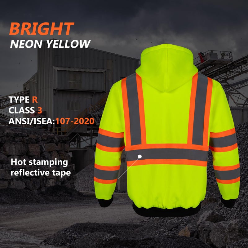 VENDACE High Visibility Hoodie for Men ANSI Class 3 Reflective Safety Hi Vis Fleece Sweatshirt Work Construction(Yellow,L) - Image 3