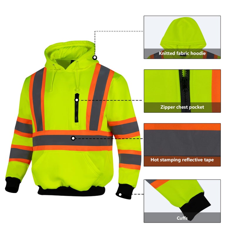 VENDACE High Visibility Hoodie for Men ANSI Class 3 Reflective Safety Hi Vis Fleece Sweatshirt Work Construction(Yellow,L) - Image 5