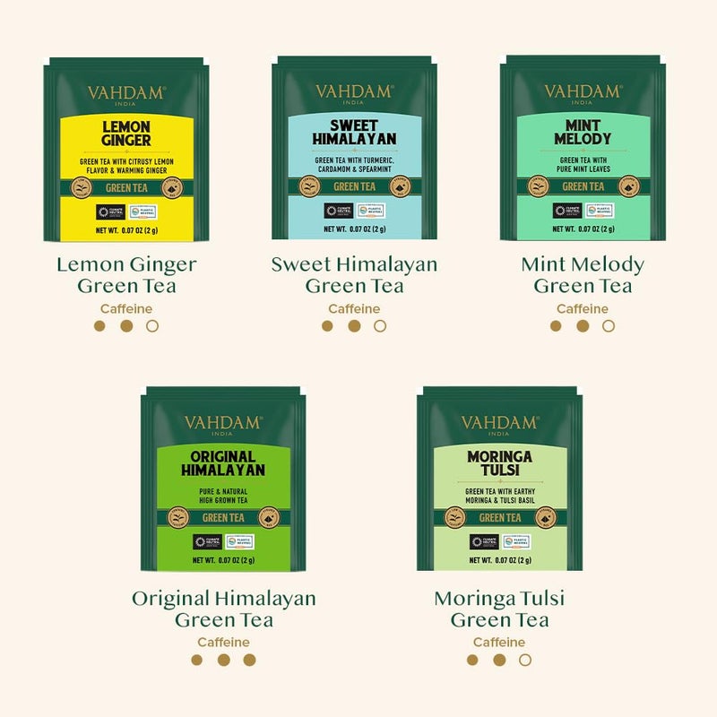 Vahdam مجموعة شاي أخضر من فهدام | 10 أكياس شاي | هدية راخي مميزة للأخ والأخت | نكهات شاي أخضر متنوعة | خالية من الغلوتين، مكونات نقية، هدية راخي للأخت - Image 3