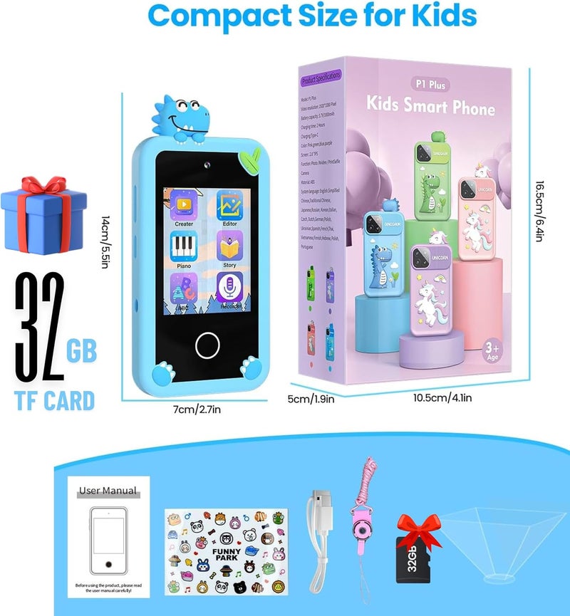 ARSH Kids Smart Phone Toy, Children Cell Phone with Touchscreen Dual Camera MP3 Music Player Toddler Mobile Phone with 32GB TF Card (Blue) - Image 2