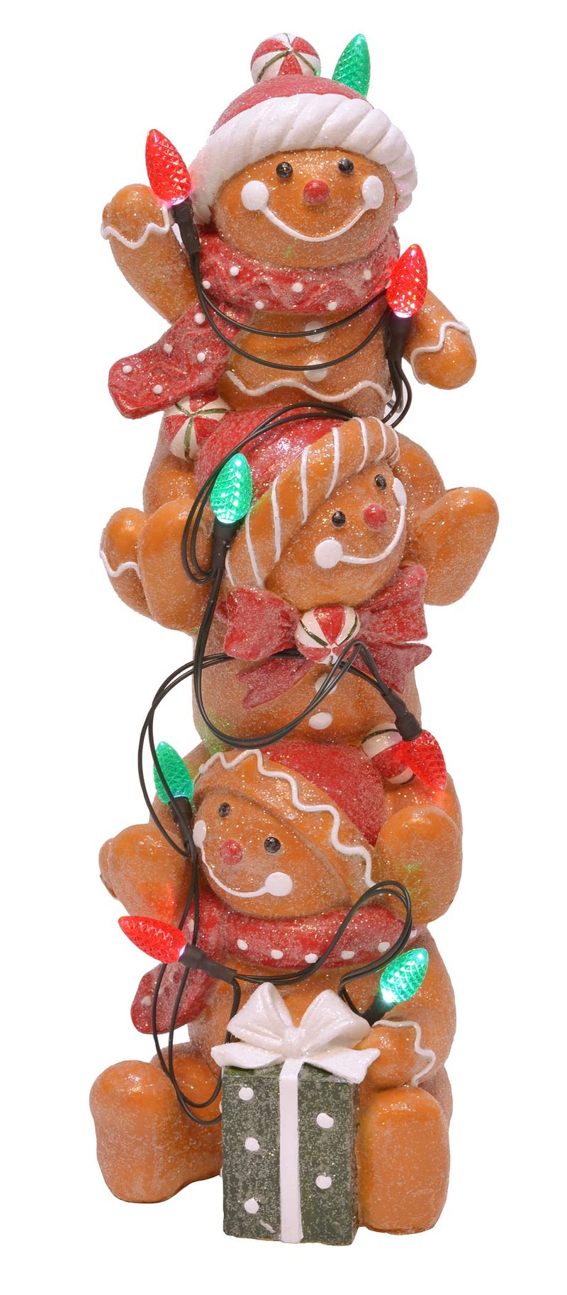Mark Feldstein Associates Holiday Stacked Gingerbread Men Tabletop Figurine Decor with LED C7 Bulbs 12 Inch