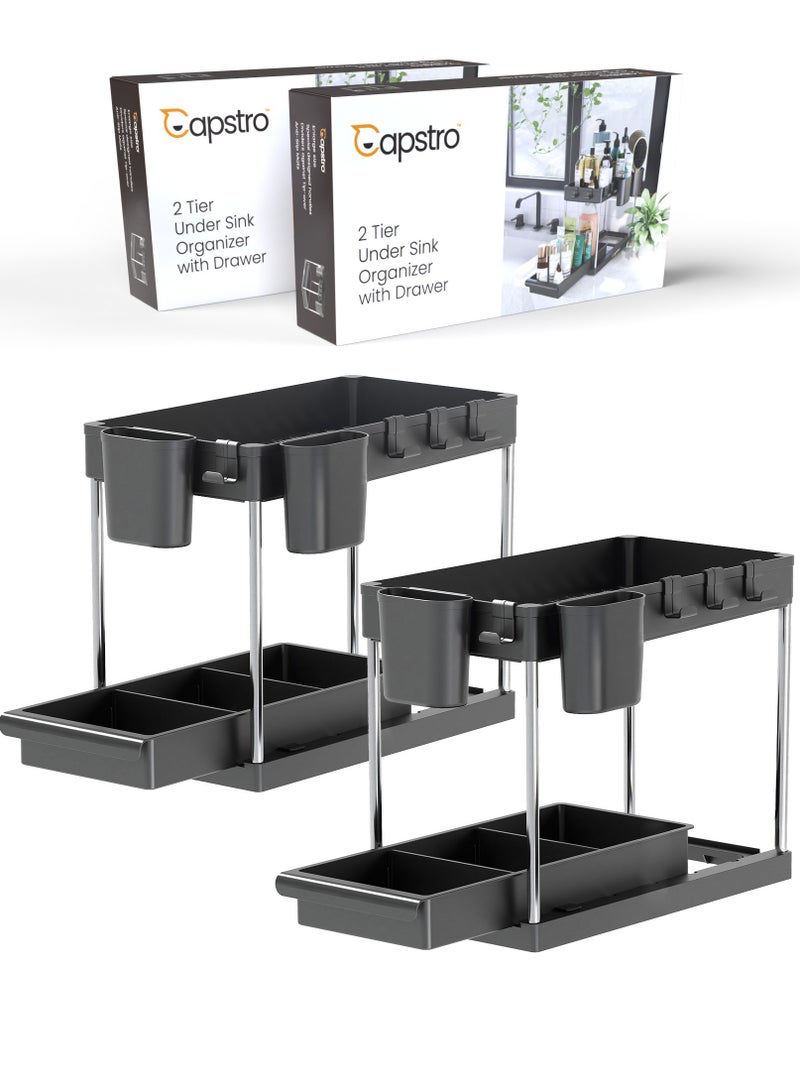 Capstro 2 Tier Under Sink Organizer with Drawer: Multi-Purpose Storage Solution with Specialy  designed Handle, Anti-Slip Mats, Additional 4 Hooks, 2 Cups, and Enlarged Size - Secret Black, Pack of 2 - Image 2