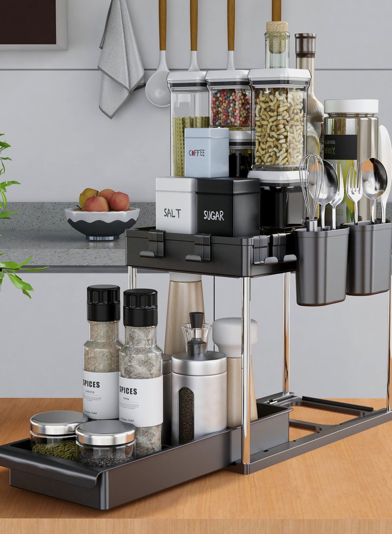 Capstro 2 Tier Under Sink Organizer with Drawer: Multi-Purpose Storage Solution with Specialy  designed Handle, Anti-Slip Mats, Additional 4 Hooks, 2 Cups, and Enlarged Size - Secret Black, Pack of 2 - Image 3
