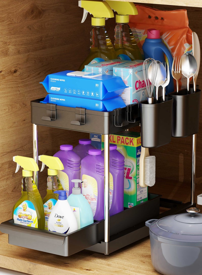 Capstro 2 Tier Under Sink Organizer with Drawer: Multi-Purpose Storage Solution with Specialy  designed Handle, Anti-Slip Mats, Additional 4 Hooks, 2 Cups, and Enlarged Size - Secret Black, Pack of 2 - Image 4