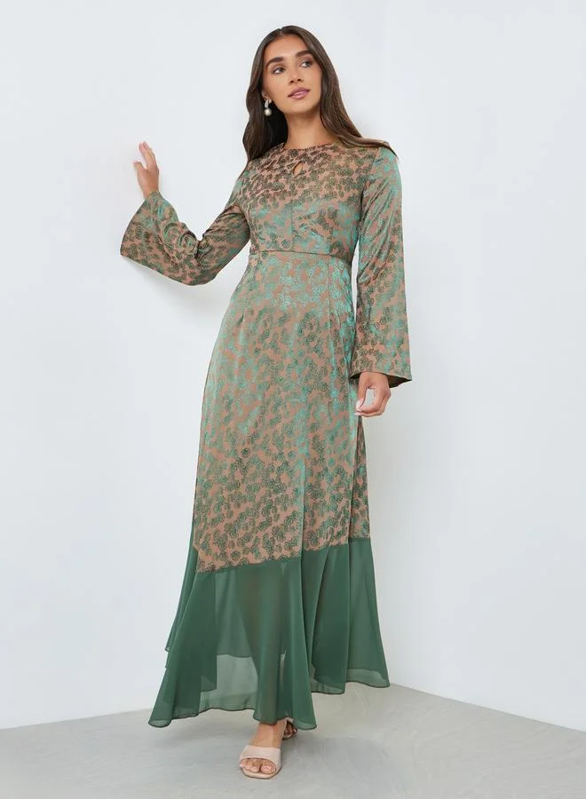 Styli Women Green Floral Print Contrast Hem A-Line Maxi Dress