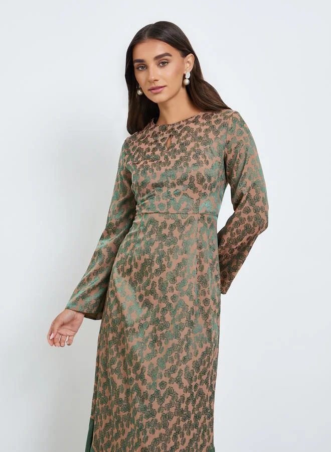 Styli Women Green Floral Print Contrast Hem A-Line Maxi Dress