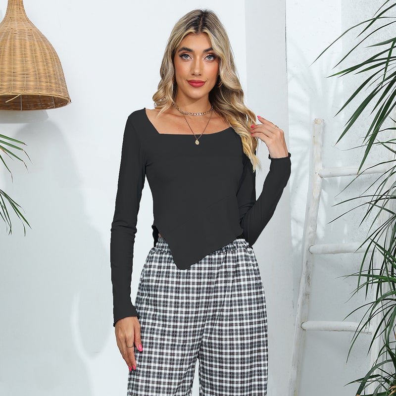 2025 Cross-Border New European and American Sexy Slim Fit Asymmetrical Square Neck Long-Sleeved T-Shirt for Women Pg7062 - Image 4