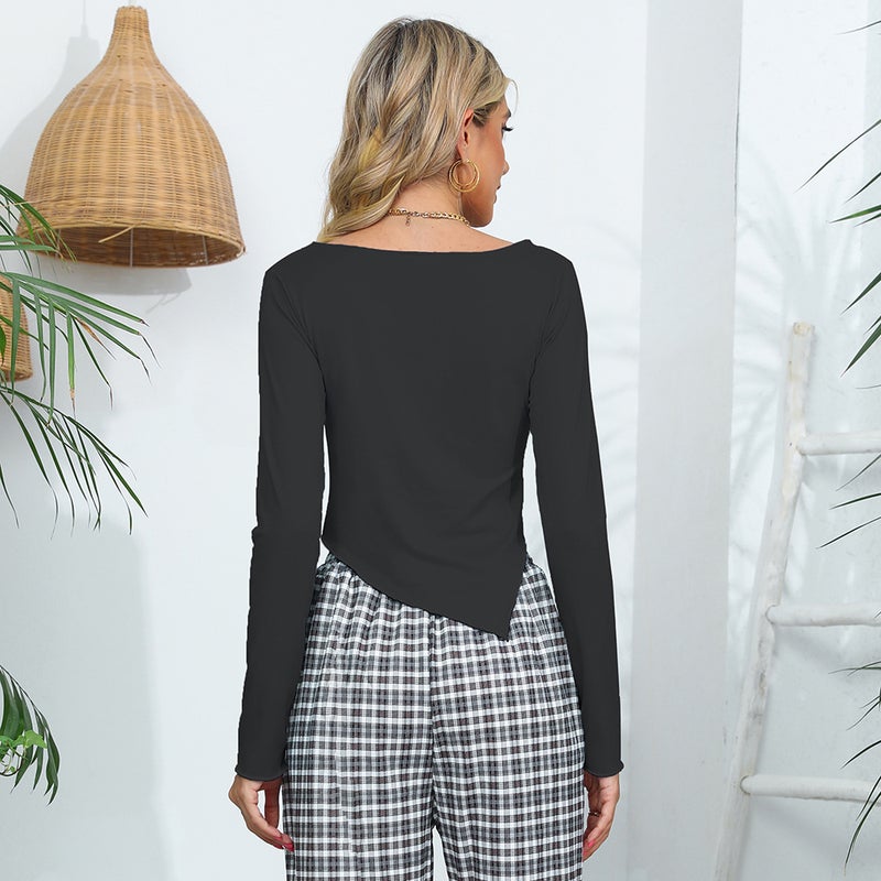 2025 Cross-Border New European and American Sexy Slim Fit Asymmetrical Square Neck Long-Sleeved T-Shirt for Women Pg7062 - Image 5