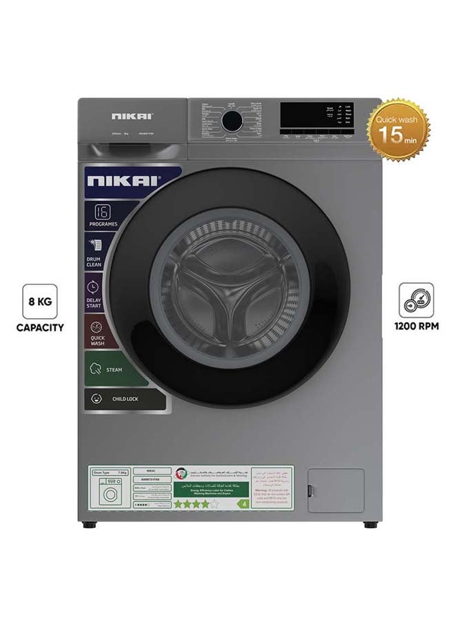 NIKAI 8KG 1200 RPM Front Load Washer With 16 Programs, Energy Saving BLDC Inverter Motor 5 Star Rating, Steam Wash, Digital LCD Display, Child Lock, Fully Automatic Washing Machine NWM801FN9S Silver 8 kg 109 kW NWM801FN9S Silver - Image 1