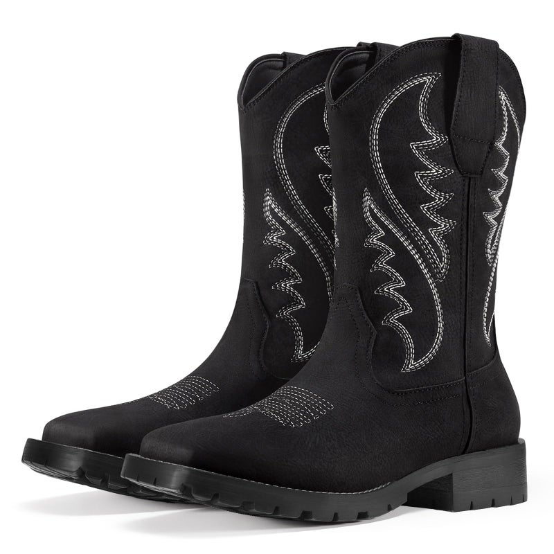 Rollda Cowboy Boots for Men Western Boots Men's Square Toe Chunky Heel Mid-Calf Boots Classic Embroidered Pull On Boots Black Size 11 - Image 1