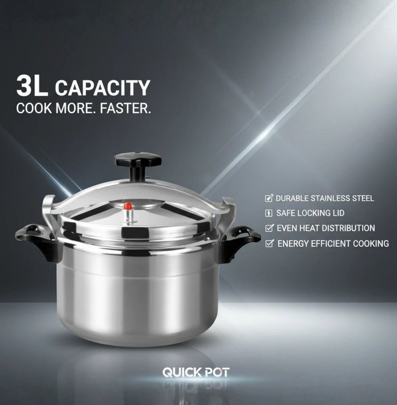 Premium Aluminum Pressure Cooker, 3L Capacity - Rapid Cooking Pot with Advanced Safety System, Even Heat Distribution & Heat-Resistant Handles - Silver - Image 5
